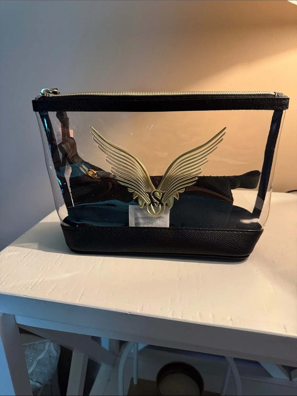 Victoria's Secret Clear Cosmetic Pouch with Gold Wing Accent and Black Trim